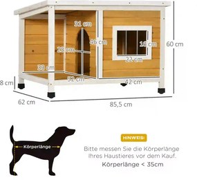 PawHut kutyaház verandával, nyíló tetővel, ablakkal, állítható lábakkal, természetes fa, narancs, fehér