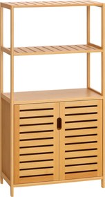 Kleankin Fürdőszoba Szekrény 2 Nyitott Polccal és 2 Ajtós Szekrénnyel, Helytakarékos Bambusz Szekrény 60x30x120cm, Természetes | Aosom