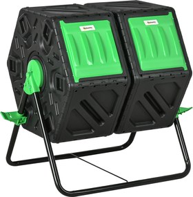 Outsunny 130L Két Kamrás Forgó Komposztáló Kertkomposztáló Szellőzőnyílásokkal és Acél Lábakkal 67x60x77 cm Fekete | Aosom