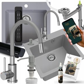 Gránit Mosogató Szett Egymedencés Szürke Csaptelep Szifon Adagoló