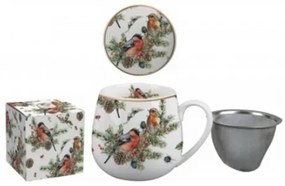 Karácsonyi porcelán teás bögre fém szűrővel dobozban Christmas Birds