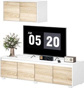 HOMCOM 2 darabos nappali fali egység forgácslapból, max 70" TV állvány 160x39x43 cm és fali tárolószekrény 80x35x40 cm, fehér és fa szín | Aosom
