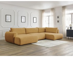 Mustársárga kordbársony kinyitható sarokkanapé (bal oldali-U alakú) Lucien – Bobochic Paris