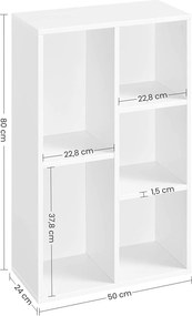 Könyvespolc 5 rekesszel 50 x 80 x 24 cm, fehér