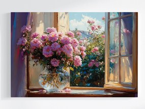 Vászonkép Canvas Ablak Kert Bokor Virágok Rózsa Csokor Váza 60x40