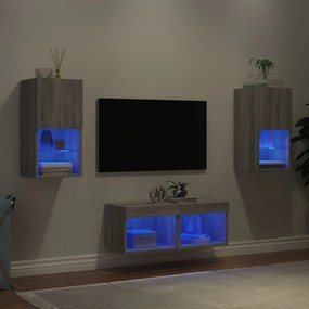 4darab szürke sonoma színű falra szerelhető TV-szekrény LED-del