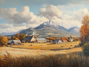 Vászonkép Canvas Tájkép Rusztikus Falu Házak Hegyek Mező Ősz 80x60