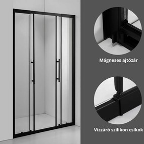Stuxi Sydney Black 140 cm széles két tolóajtós zuhanyajtó 6 mm vastag vízlepergető biztonsági üveggel, fekete elemekkel, 200 cm magas