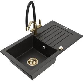 Mexen Pablo 1-medencés gránit mosogató csepegtetővel és Duo konyhai csapteleppel, fekete/arany metál - 6510-75-671701-57-G