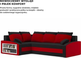 Grande sarokkanapé polcokkal , polc a bal karfaban, baloldali, szövet anyag, hab töltet, fekete - piros