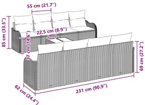 9 Részes Kerti Kanapé Szett Párnákkal Világosszürke Poli Rattan, 2-Fős Kerti Kanapé Párnákkal Világosszürke Poli Rattan