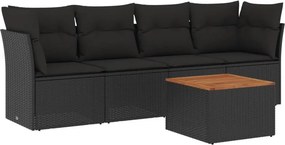 vidaXL 5 részes fekete polyrattan kerti kanapészett párnákkal