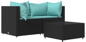 3 részes fekete polyrattan kerti ülőgarnitúra párnákkal