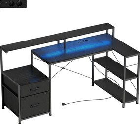 HOMCOM Gamer asztal LED-del és konnektorokkal, dupla monitoros állvánnyal, fekete