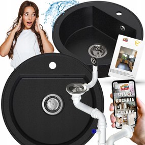 Mosogató Egymedencés Kerek Gránit Fekete Pöttyös Szifon