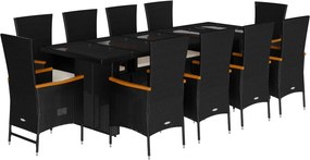 vidaXL 11 részes fekete polyrattan kerti étkezőgarnitúra párnákkal