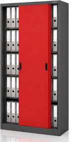 Irodai fém szekrény tolóajtóval antracit-piros: KUBA 900 x 1850 x 400 mm