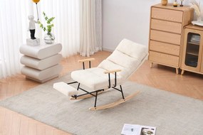 Hintaszék fa lábakkal, plüss szövettel, 4 fokozatban állítható háttámlával,  krémfehér