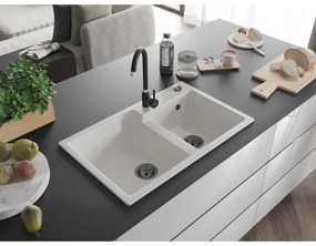 Mexen Tomas, gránit mosogató 800x500x190 mm, 2 kamrás és fekete Telma csaptelep, fehér, 6516-20-670200-70