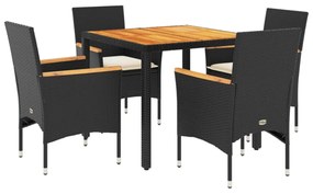 vidaXL5részes fekete polyrattan/akácfa kerti étkezőgarnitúra párnákkal