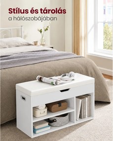 SONGMICS párnázott cipőpad ülés alatti tárolóval, 3 nyitott rekesszel, 80 cm, fehér