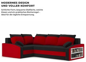 Grande sarokkanapé polcokkal , polc a jobb karfaban, baloldali, szövet anyag, hab töltet, fekete - piros