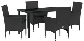 5 részes kerti étkezőszett párnákkal fekete polirattan, Kerti asztal fekete 140x80x73 cm edzett üveggel