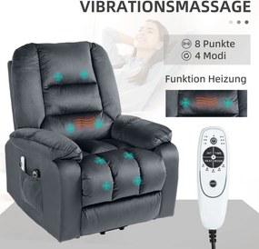 HOMCOM masszázsfotel, emelőrásegítő, időseknek való szék, bársony, 8 masszázspont, szürke