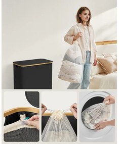 SONGMICS szennyeskosár fedéllel 130L, 2 rekeszes nagyméretű szennyes tartó, fekete