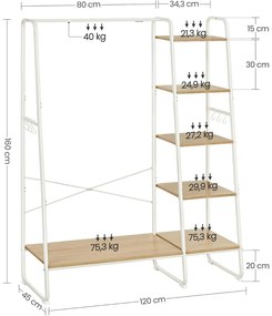 Ruhatároló, ruhaakasztó, 5 szintes polccal, 6 akasztóval, ?45 x 120 x 160 cm, fehér