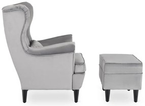 Elegáns Füles Fotel Lábtartóval Szürke Bársony Kárpittal. EVAN 2
