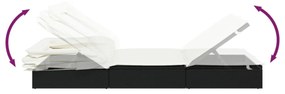 fekete polyrattan napozóágy összecsukható tetővel 213x63x97 cm