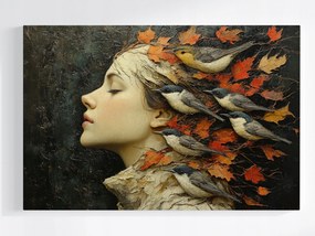Vászonkép Canvas Portré Profil Nő Levelek Madarak Ősz 120x80