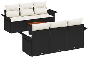 7 db-os Kerti Kanapé Szett Párnákkal Fekete Poli Rattan Akác, 2 személyes Kerti Kanapé Tárolóval &amp; Párnákkal Fekete Poli Rattan