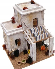 Keleti házikó napellenzővel és gyümölcsökkel Betlehem dekoráció 26cm magas