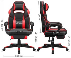 Ergonómikus szék, állítható irodai szék lábtartóval, fekete-piros