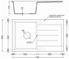 Mexen Bruno - gránit mosogató 79,5x49,5cm + Flex csaptelep, 1kamrás, szürke, 6513791010-71-Flex