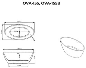 OVAL szabadon álló fürdőkád, fekete-fehér, 155x80x58 cm
