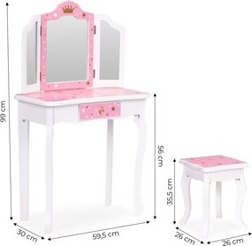 Gyermek kozmetikai asztal hármas tükörrel és zsámollyal