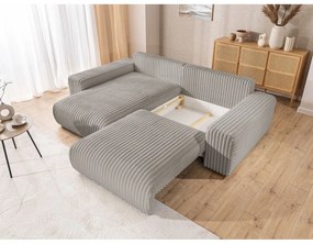 Világosszürke kordbársony kinyitható-tárolóhelyes sarokkanapé (bal oldali) Sarina – Ropez