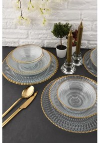 12 darabos étkészlet – átlátszó üveg, arany részletekkel