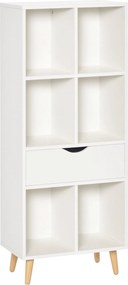 HOMCOM Könyvespolc 1 Fiókkal és Fából Készült Lábakkal - 6 Nyitott Tárolórekesz Növények és Dokumentumok Számára - 50x29.5x120 cm Fehér | Aosom