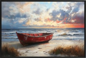 Poszter Alumínium Keret Piros Hajó Tengerpart Naplemente Tenger Nyár 60x40