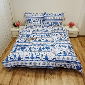 Pamut lepedők Karácsonyi lepedők Rénszarvas fehér-kék TiaHome - 1x Párna 90x70cm, 1x Paplan 140x200cm
