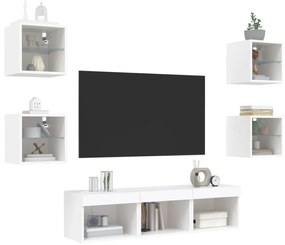 7 darab fehér szerelt fa fali TV-bútor LED-del