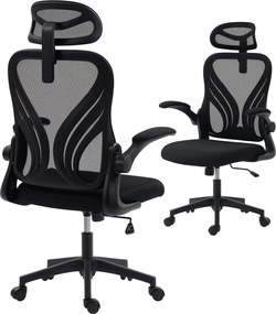 HOMCOM ergonomikus irodai szék, hálós ülés, összecsukható háttámla, 2D fejtámla, felhajtható kartámaszok, deréktámogatás, billentés és 360° forgás — v