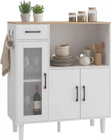 HOMCOM tálalószekrény fiókkal, 2 ajtóval és nyitott polccal, bordázott akril ajtó — fehér/tölgy, 80 x 34 x 91 cm | Aosom