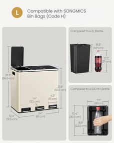 3 rekeszes konyhai szemetes, 18L, pedálos, homokbézs