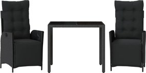 vidaXL 3 részes fekete polyrattan kerti étkezőgarnitúra párnákkal