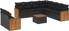vidaXL 10 részes fekete polyrattan kerti ülőgarnitúra párnákkal